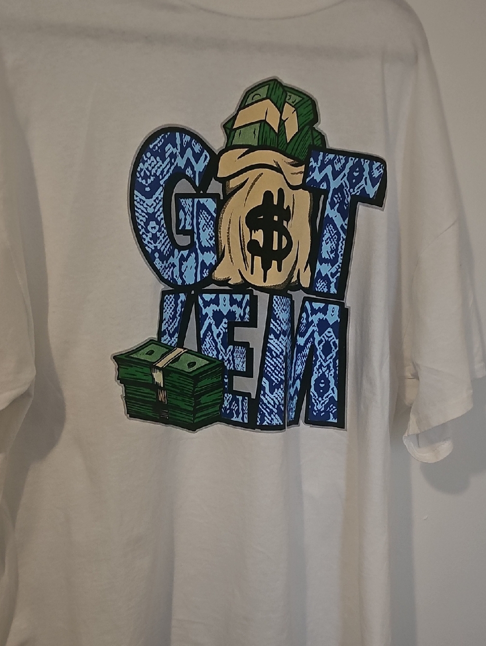 White Short Sleeve Graphic Tee with Blue & Green Money Print